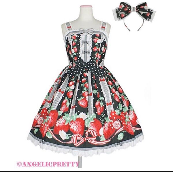 Angelic Pretty アンジェリックプリティ 摘みたていちごジャンパースカートSet クロ ロリィタ アンプリ