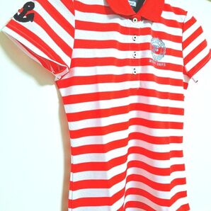 ★★美品【FILAGOLF/フィラゴルフ】スパンコールのイカリがカワイイ! マリン系 ボーダー 半袖 ゴルフシャツ/M/赤、白