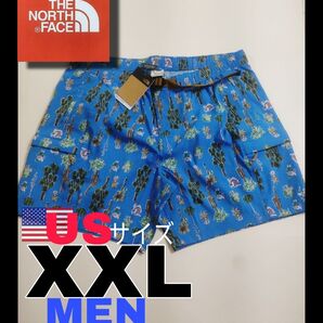 【新品未使用タグ付き】ノースフェイス ハーフパンツ ベルト付き 総柄 青 ブルー×サボテン【日本未発売】