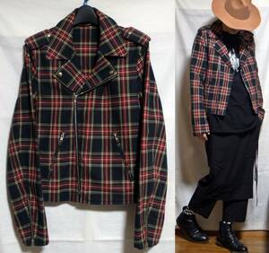 agnes b HOMME アニエスベー オム タータンチェック ライダースジャケット 44 メンズ 美品 ライダース