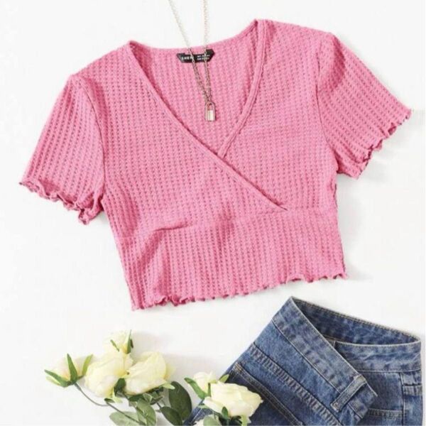 shein トップス クロップドシャツ ピンク ブラウス 半袖 シャツ シーイン