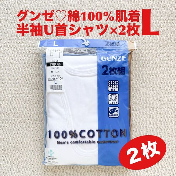 グンゼ GUNZE 半袖U首 肌着 綿100% L×2枚 やさしくフィット WH ホワイト【新品・未使用】