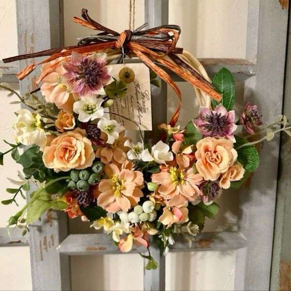 花籠リース 壁掛け ナチュラル 春リース ハンドメイド 造花 リース