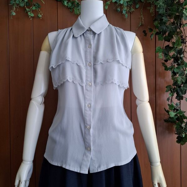 【美品】フリル ノースリーブシャツ タンクトップ ブラウス ミントグリーン ブラウス シャツ ノースリーブ M