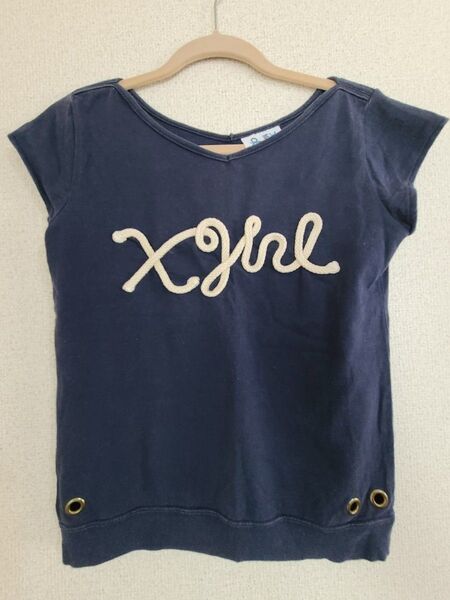 X-girl ネイビー ロゴ刺繍 Tシャツ