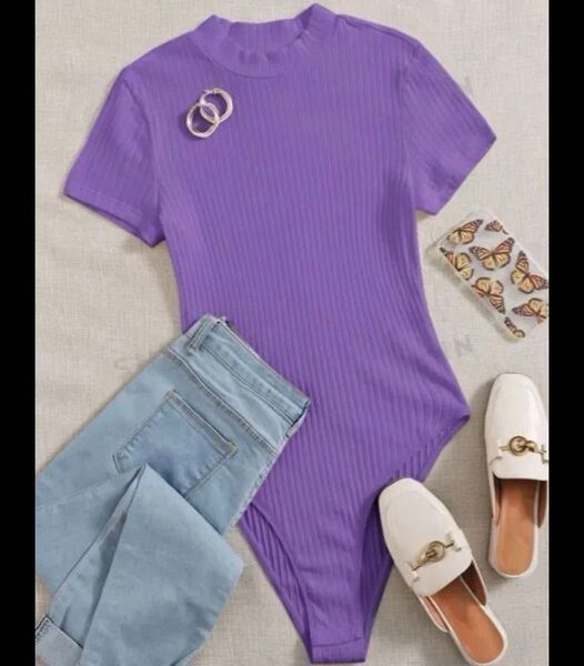 (A18)SHEIN モックネック リブニット ボディスーツ パープル 半袖