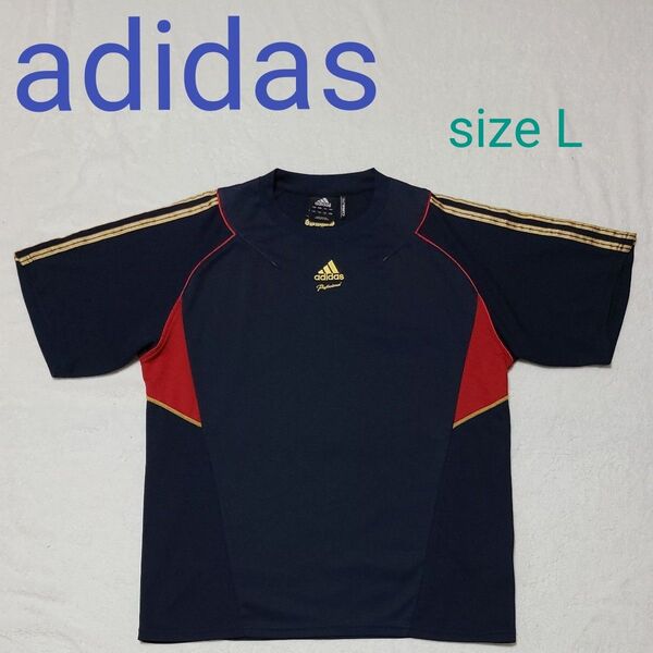 adidas アディダス 半袖 プラクティスシャツ Lサイズ ネイビー×ゴールド・レッド CLIMALITE Tシャツ