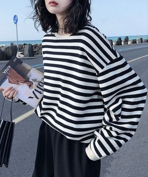 韓国 ボーダー ロンT ロングTシャツ カットソー ブラック 黒 M