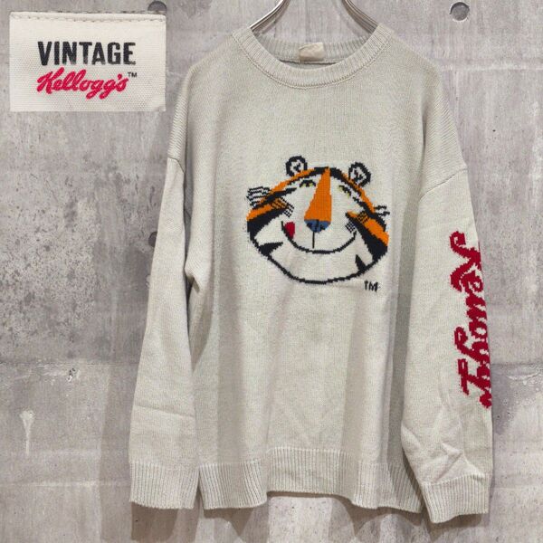 レア☆VINTAGE Kellogg's ケロッグタイガー柄ニット セーター M ニットセーター クルーネック 長袖 トップス