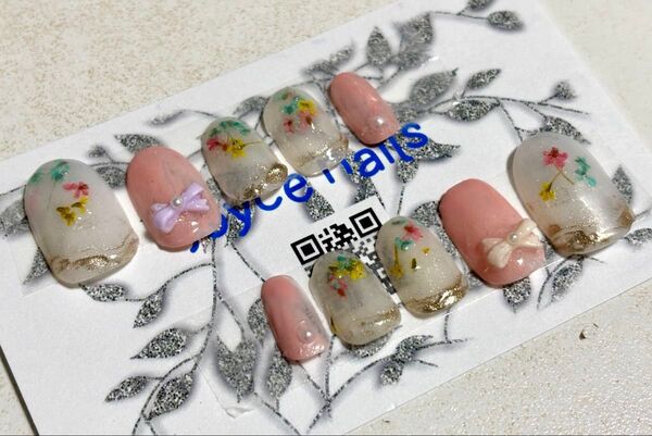 現品販売 ネイルチップ 押し花ネイル ピンク系 ショートネイル