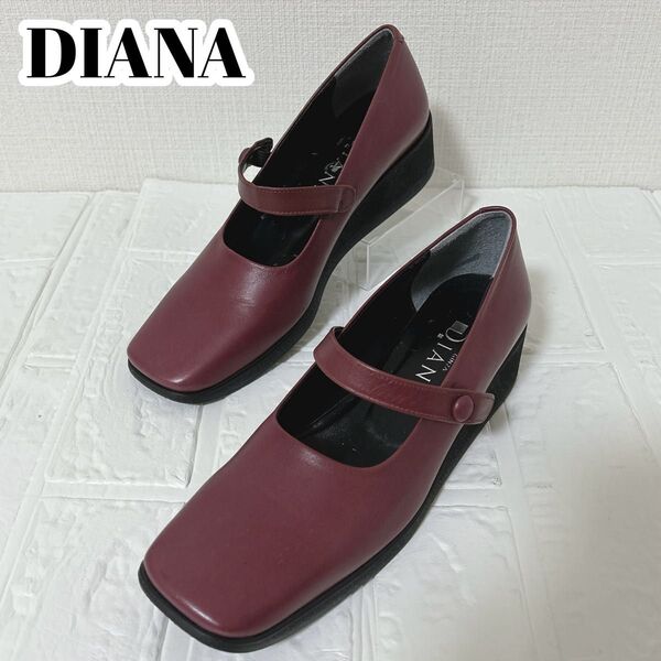 美品【DIANA】(22.5)メリージェン パンプス レザー ワインレッド 厚底