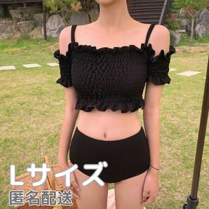 水着 レディース ハイウエスト 体系カバー リブニット 韓国 流行り2点セット 2way オフショルダー 大人気 Lサイズ