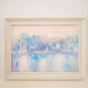 癒しの水彩画 湖畔の風景