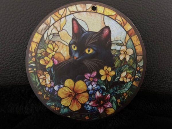 新品⑱黒猫と花アクリルサンキャッチャーステンドグラス風 窓&壁掛 窓飾り