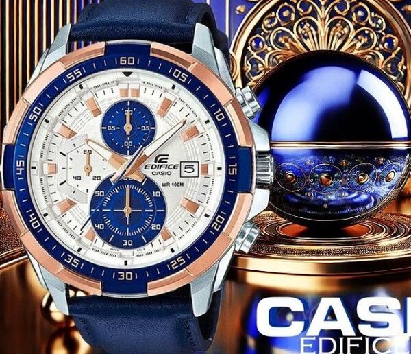 カシオEDIFICE ブルー&ゴールド 100m防水 欧州モデル 本革レア逆輸入