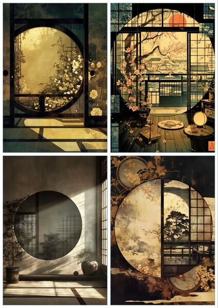 B-39 和風 窓枠 背景紙 素材 コラージュ collage シート sheet achashop