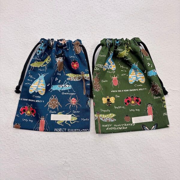 給食袋 巾着 ハンドメイド 男の子 昆虫 紺 緑