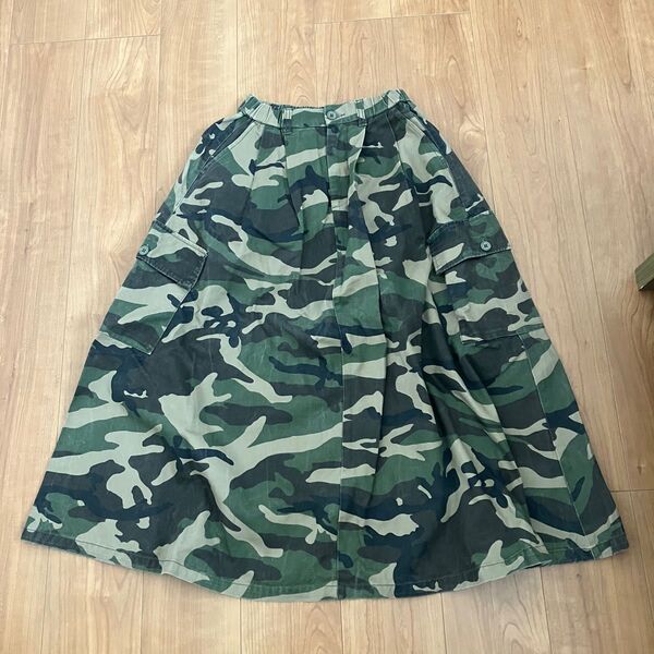 PAOPAOレディース迷彩柄 フレアスカートカーキ ウエストゴム ミリタリー