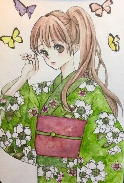 オリジナルイラスト 蝶と桜と女の子