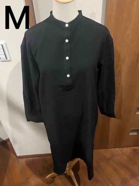 訳あり品 シャツワンピース M 長袖 ブラック デザインワンピース 黒