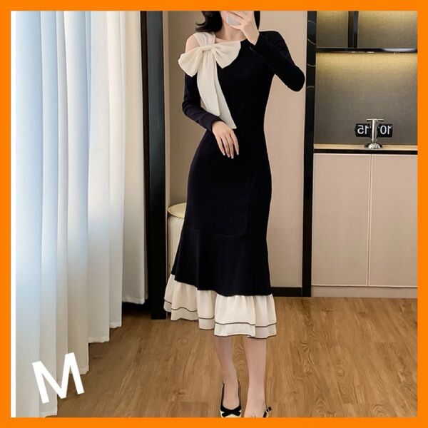 マーメイド ワンピース M 韓国 リボン オフショルダー 綺麗め かわいい