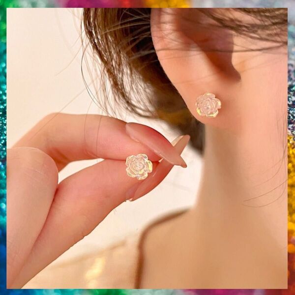 ローズ 薔薇 花 クリア ミニ シンプル かわいい カジュアル カラフル 透明 ピアス シルバー S925 925