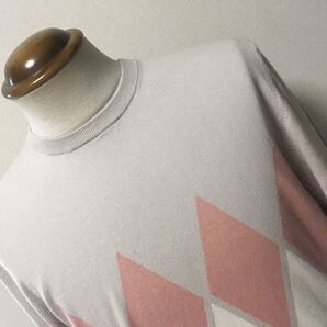 新品 バランタインカシミア(英) 極上コットンカシミア素材 グレージュベース アーガイル柄 丸首ニット50 定価16.5万円