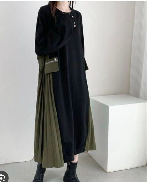 【美品】ABITOKYO サイドプリーツ切替スウェットワンピース ブラック 長袖 ワンピース 切り替え
