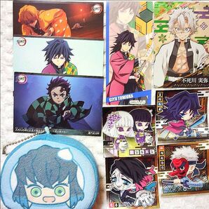 鬼滅の刃セット(ロールケーキぬい【伊之助】縦長カード【冨岡義勇】キラカード【不死川実弥】シーンカード3枚 シール4枚)