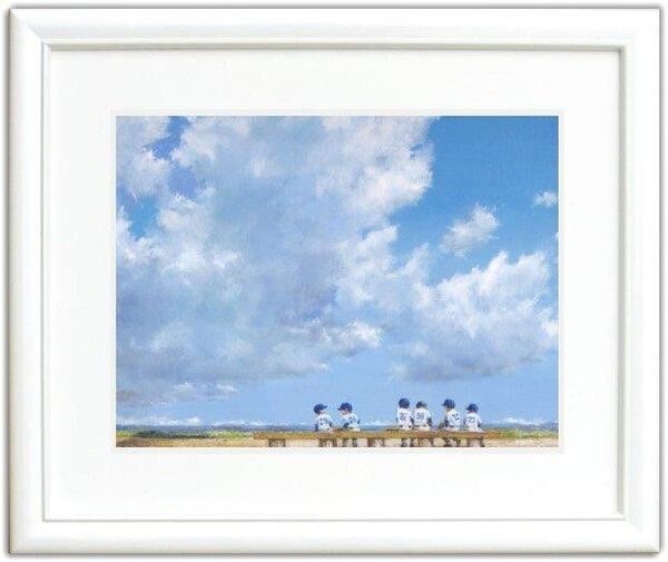 櫻井幸雄 額縁付き複製画 少年野球「出番のないベンチ(雲の下の六人)」