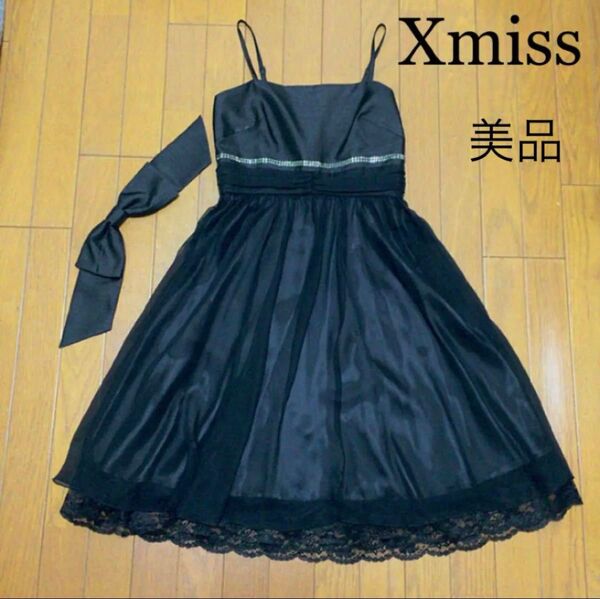 【Xmiss.一回着用.美品】黒シフォンドレス 発表会 ドレス カラードレス パーティ 演奏会 レース ワンピース M イベント