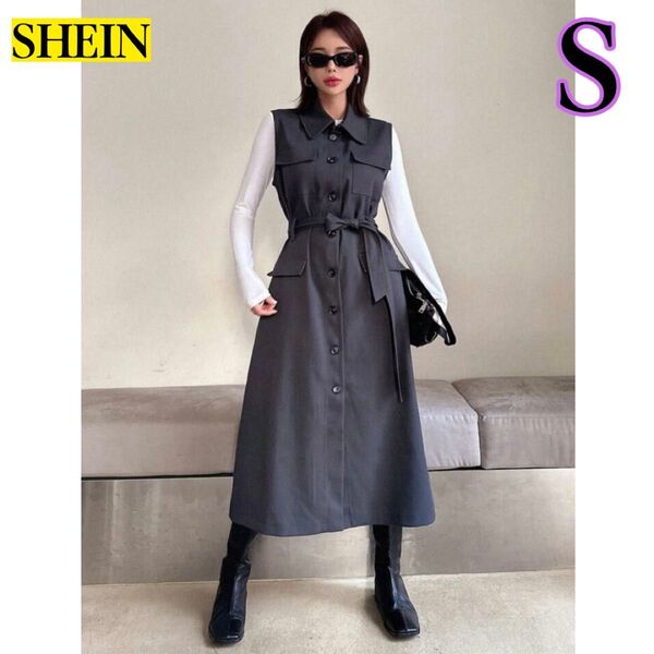 SHEIN DAZY シーイン デイジー フロントボタン パッチポケット ノースリーブ スカート リボンベルト付き ワンピース S