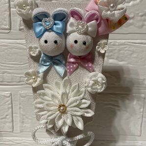 ひな祭り羽子板飾り 桃の節句 うさぎさん 七五三 ちりめん細工ハンドメイド 台座付き