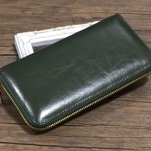長財布 ラウンドファスナー メンズ レディース 小銭入れ 金運アップ 緑 牛床革