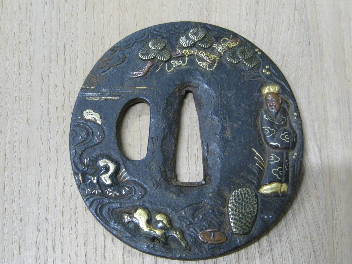 鉄鍔 鐔 (髑髏の図) 江戸時代 象嵌 箱付き-格安