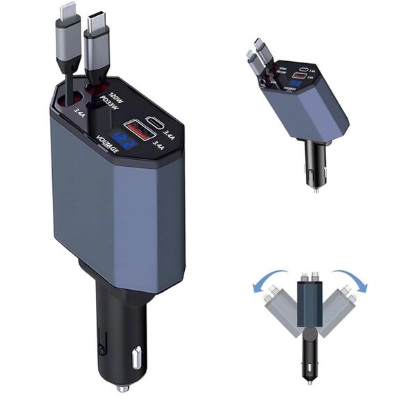 シガーソケット 車 充電器 USB Type-Cx120W Lightningx20W 4台同時充電可能 巻き取り式ケーブル2本付