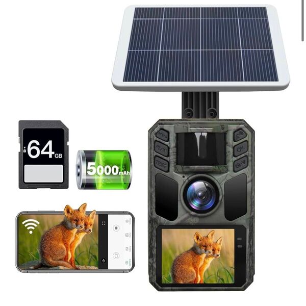 WIFI&ソーラー充電式 トレイルカメラ ソーラー 野生動物監視カメラ 64MP画像 動画4K 0.2秒超高速 トリガースピード