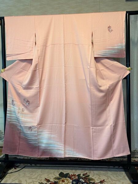 訪問着(正絹・未使用、訳あり)刺繍 仕覆文様 茶道具、ぼかし染め 身丈155cm K-225