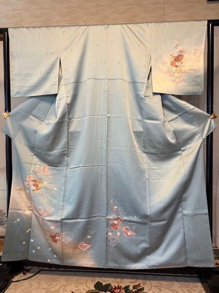 訪問着(正絹)光琳水草花文、ぼかし染め、金彩 身丈159.5cm K-287