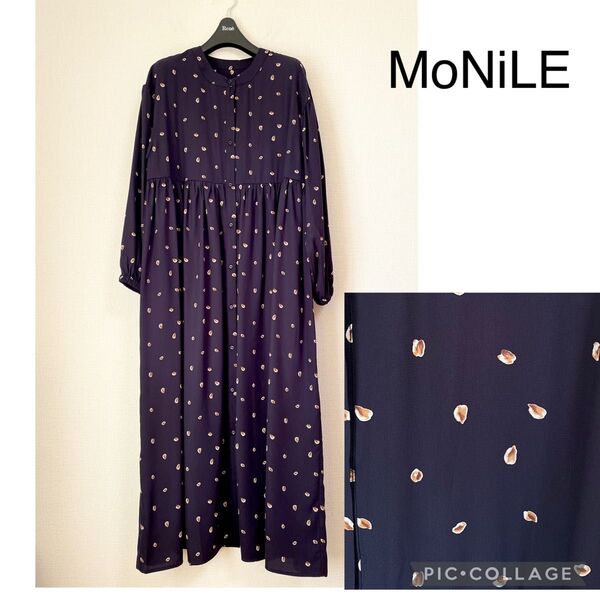 【新品】MoNiLE モニーレ ジョーゼット 前開き ゆったり ロングワンピース 花柄 ロング丈 総柄 長袖 ネイビー 紺