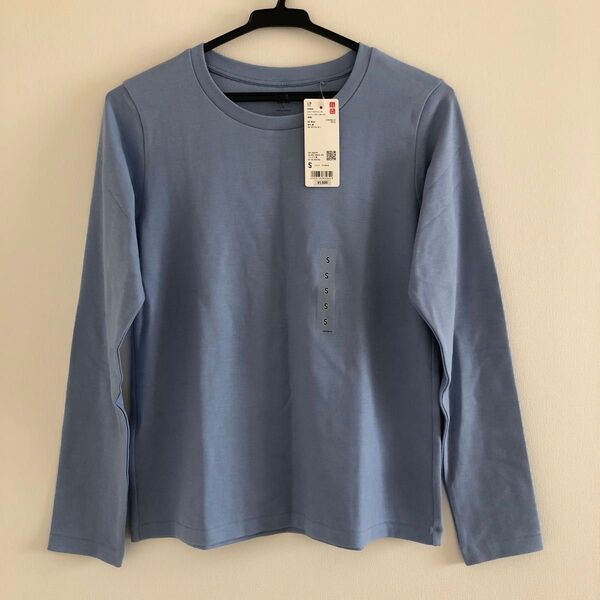 ユニクロ スムースストレッチコットンクルーネックT(長袖) S BLUE タグ付き新品