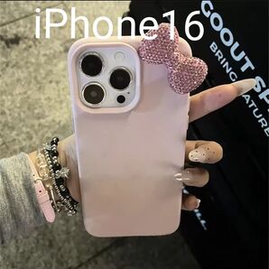 【新品未使用】 iPhone16 ピンク キラキラ りぼん ラインストーン 韓国