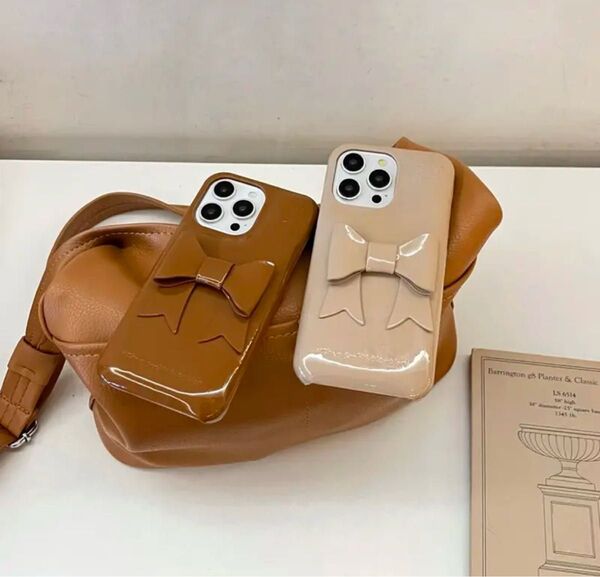 iPhoneケース リボン ブラウン ベージュ 海外ガール