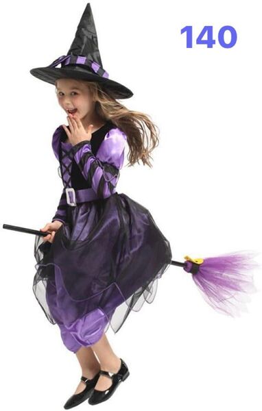 新品【魔女コスプレ140女の子】ハロウィンコスチューム衣装 キッズ ほうき付 歓送迎会 かわいい
