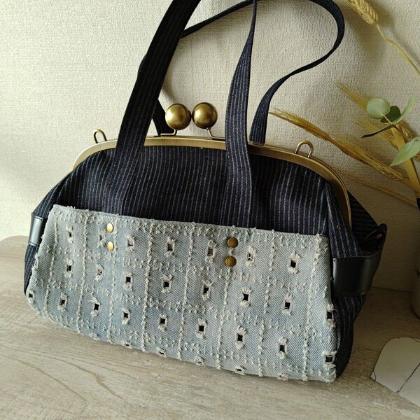 【お買い得】ヒッコリー ボストンバッグ 肩掛けバッグ ハンドメイド