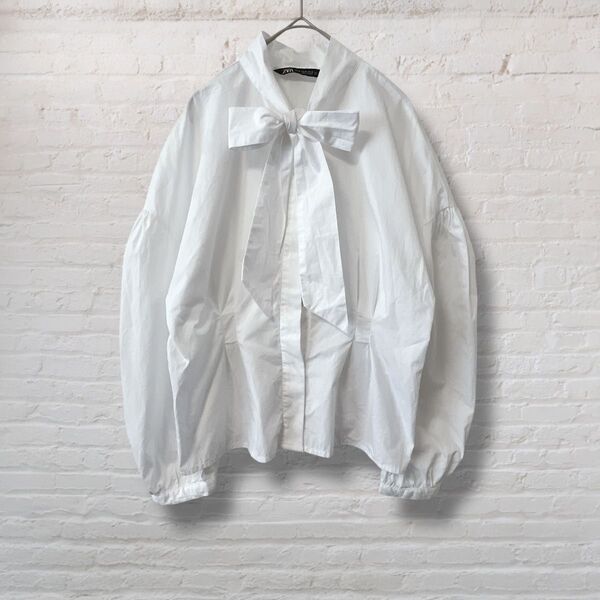 ZARA ザラ ボウタイブラウス 長袖 シャツ 襟リボン 白 ホワイト【M】美品 フォーマル オケージョン 高見え