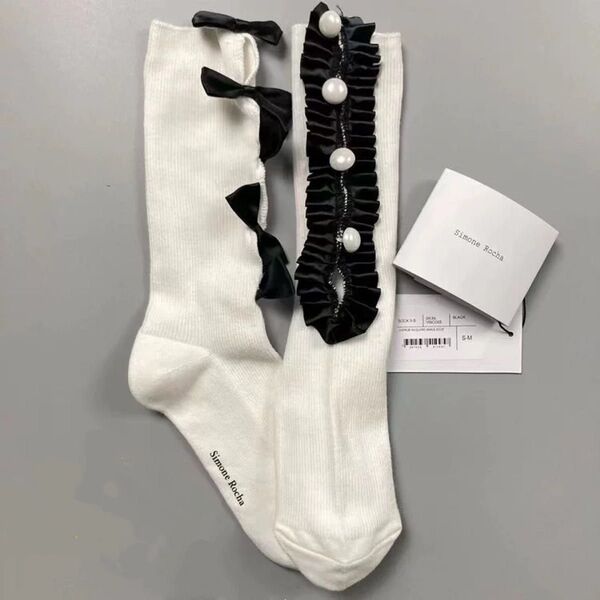 【新品】Simone Rocha シモーネロシャ(フランスブランド)ソックス 靴下【単色|AB型|リボン装飾】white 1足