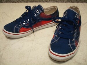 ● VANS OFF THE WALL バンズ チェック 浅履き レディース スニーカー 紺 ネイビー 赤 レッド キャンバス シューズ 23.5cm 36.5 Mサイズ 靴