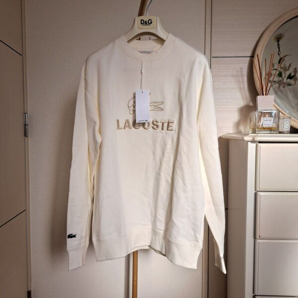 新品 LACOSTE 肉厚 ロゴ刺繍トレーナー白 メンズ