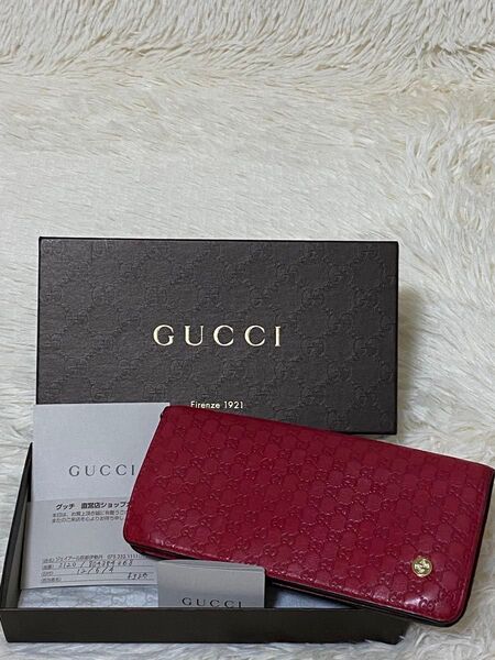 GUCCI 長財布 二つ折り レッド 本革 レザー スナップ ゴールド金具ロゴ マイクロGUCCIシマ 二重ファスナー小銭入れ美品
